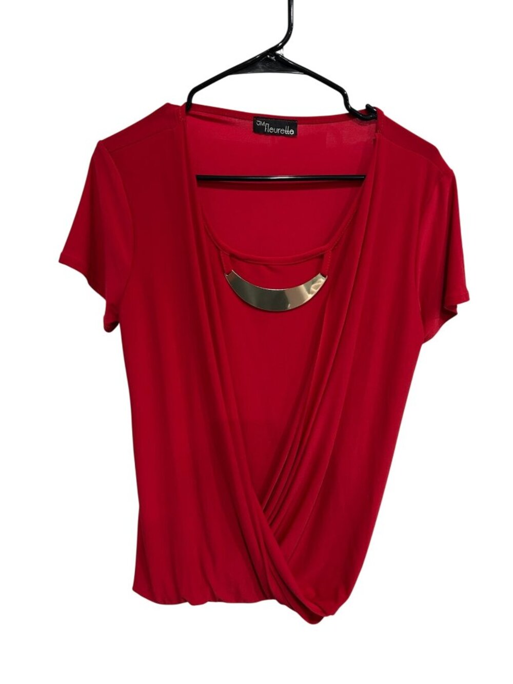 JM Fleurette Red Short Sleeve Drape Front Gold Accent Top Size L Preppy Chic